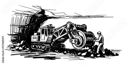 underground coal mining machine with miner sketch vector
