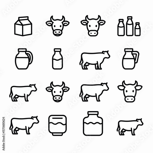 Collection of sixteen monochrome line art icons depicting cows milk bottles jugs and cartons a set of dairy farm related symbols perfect for websites apps or packaging design