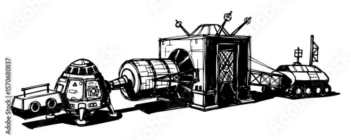 mars colony space base with rovers sketch vector