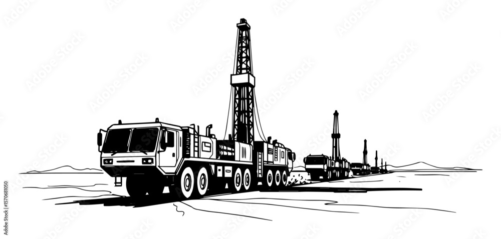 Obraz premium mobile oil and gas drilling rig truck sketch vector
