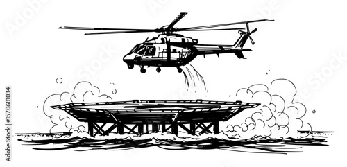helicopter on offshore oil rig platform sketch vector