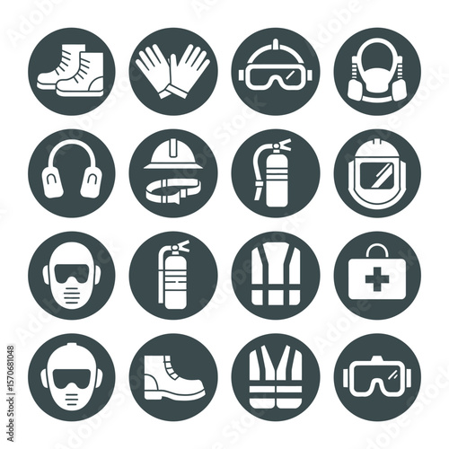 Collection of sixteen safety equipment icons white silhouettes on dark gray circles including boots gloves goggles respirator earmuffs hard hat safety belt fire extinguisher welding helmet