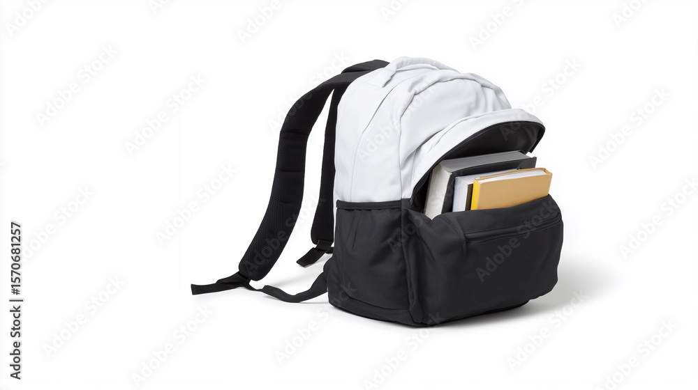 Naklejka premium Black and white student backpack filled with books and school supplies