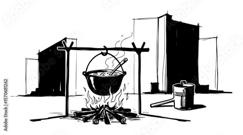 cooking on campfire in the city urban survival sketch