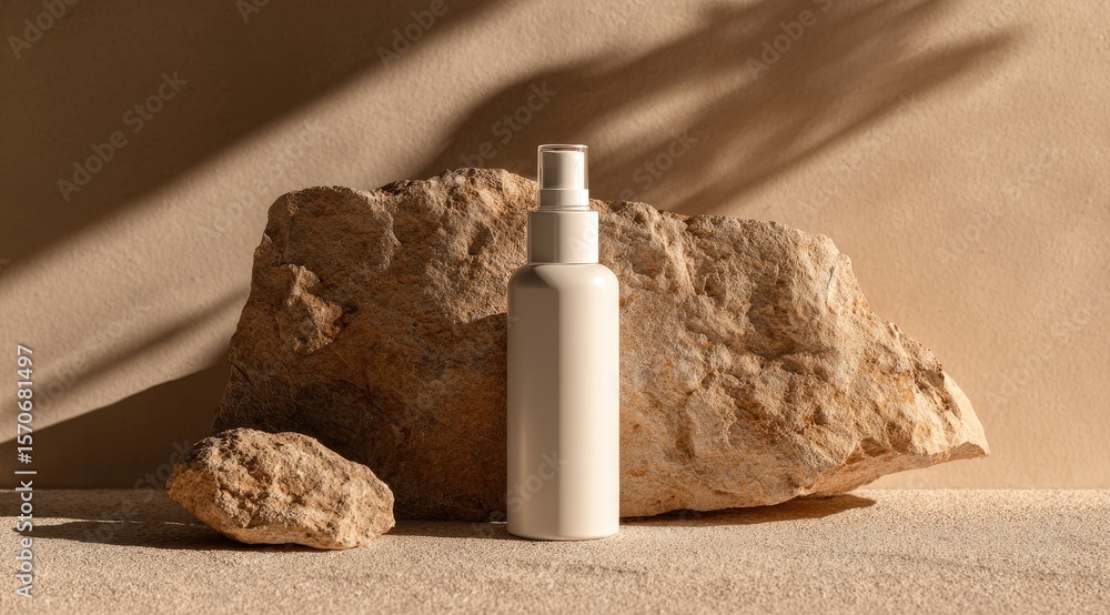 Fototapeta premium A matte white spray bottle sits between two light beige rocks, bathed in warm sunlight casting shadows on a neutral background