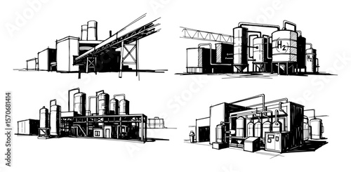 industrial factory and plant buildings sketch set vector