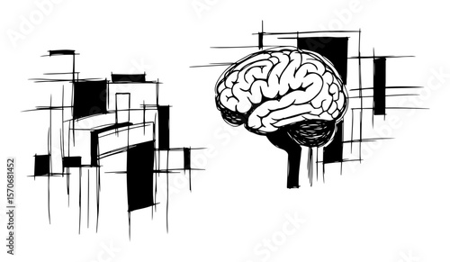 human brain with abstract city background concept vector
