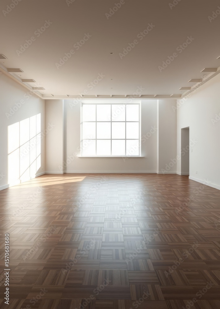 Obraz premium A wide empty room features a parquet floor and a bright window Empty room interior design architecture blank design room striking structures clean lines geometric shapes dramatic angles play