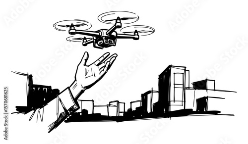 hand launching a drone in the city sketch vector