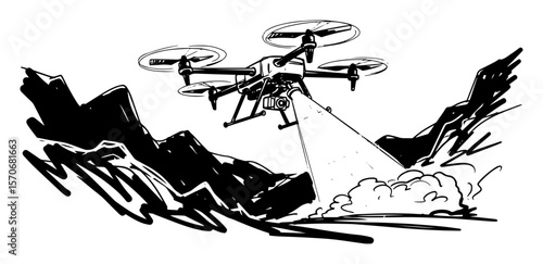search and rescue drone over mountains sketch vector