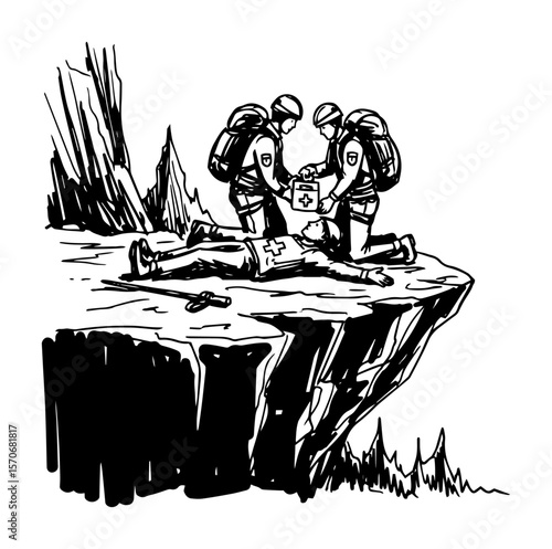 mountain rescue team giving first aid on cliff sketch vector