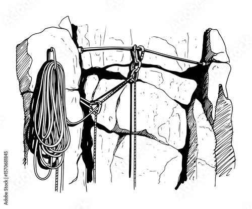 rock climbing safety gear on cliff sketch vector