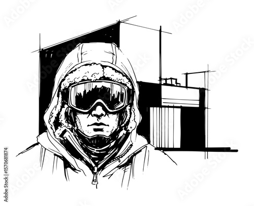 portrait of a person in winter gear and goggles sketch vector