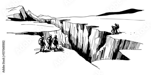 explorers at the edge of a deep crevasse sketch vector