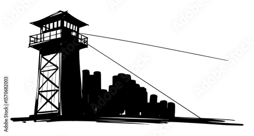 prison watchtower with searchlight silhouette vector