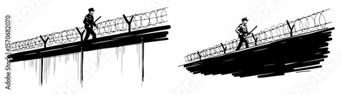 guard patrolling on a wall with barbed wire sketch vector