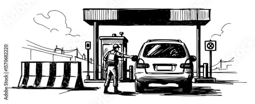 car at border checkpoint security check sketch vector