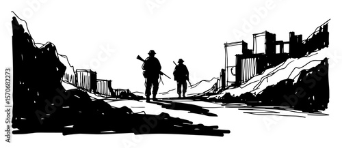 refugees walking through destroyed city silhouette vector