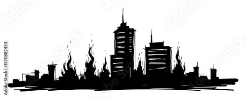 burning city skyline silhouette disaster sketch vector