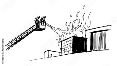 firefighters on ladder truck fighting fire sketch vector