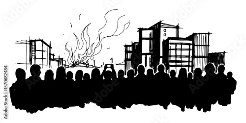 crowd watching urban fire riot or protest sketch vector