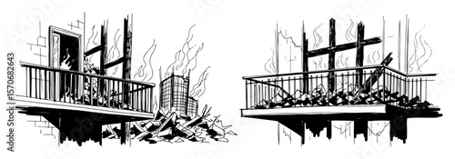 destroyed building balconies after war disaster sketch vector