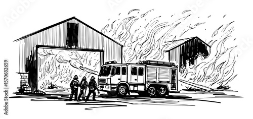 firefighters with fire engine at burning barn sketch vector