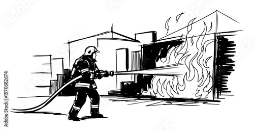 brave firefighter with hose fighting fire sketch vector