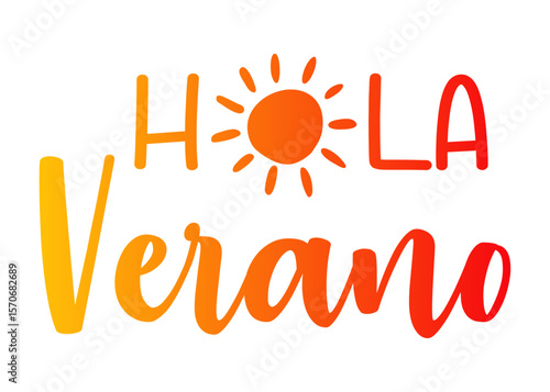 Logo con mensaje Hola Verano en español con sol en lugar de letra O