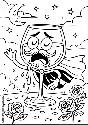 A coloring picture of a wine glass weeping grape juice onto a shawl, like a sorrowful hero. A beautiful and humorous line drawing for children.