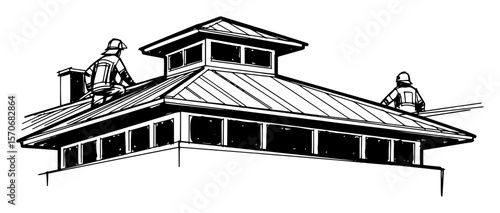 firefighters on a building roof during rescue sketch vector
