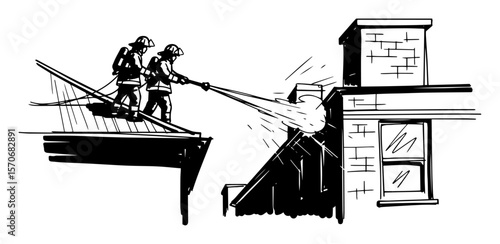 firefighters on rooftop fighting a fire sketch vector