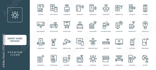 collection line icons smart home devices automation concepts, sensors systems network appliances
