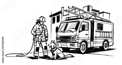 firefighter with rescue dog and fire engine sketch vector