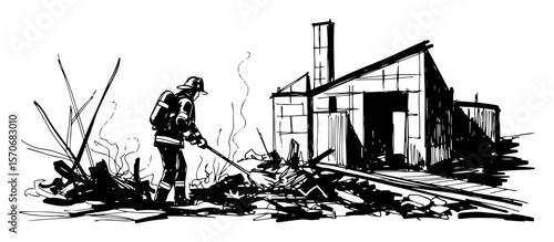 rescue worker in burned ruins disaster aftermath sketch vector