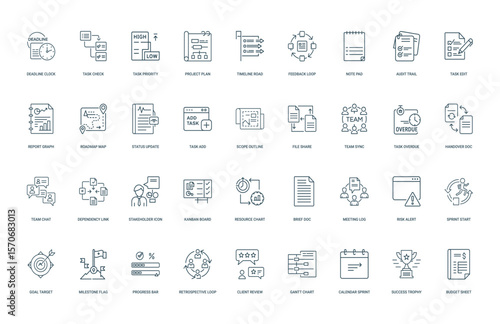 collection linear icons concepts project management, stakeholder handover team chat doc link icon dependency