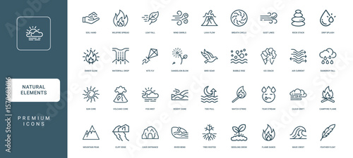 natural elements phenomena collection outline icons, volcano sun fog raindrop