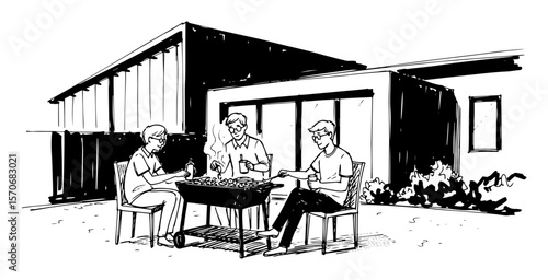 friends having a backyard barbecue party at modern house sketch vector