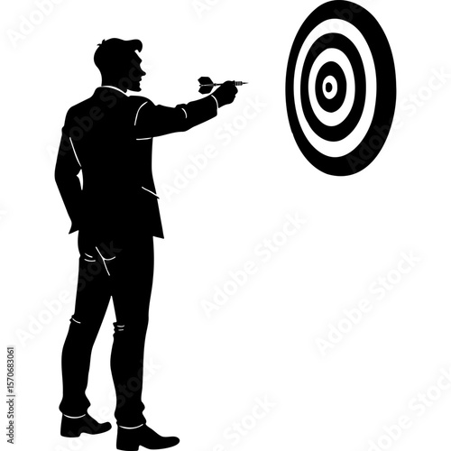 Sketchy emblem of businessman aims dart at target. Engraving minimalistic vector in black ink drawing on transparent background