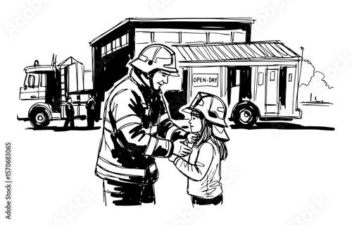 firefighter and child at fire station open day event sketch vector