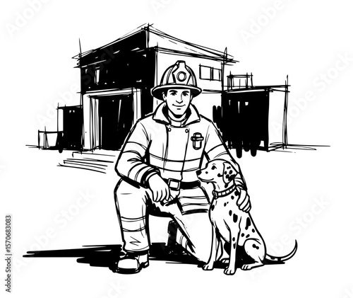 firefighter with dalmatian dog fire station mascot sketch vector