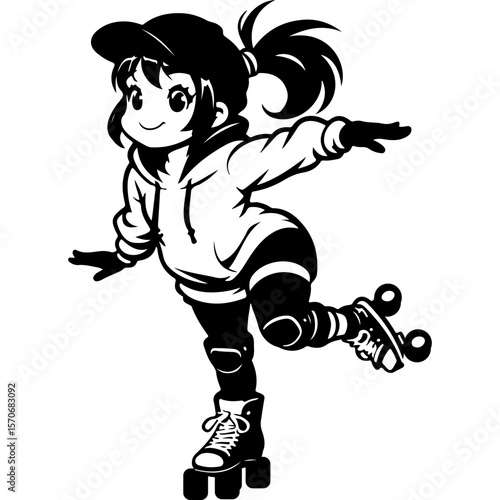 Sketchy sport emblem of little athlete balances on roller skates on one leg. Engraving minimalistic vector in black ink drawing on transparent background