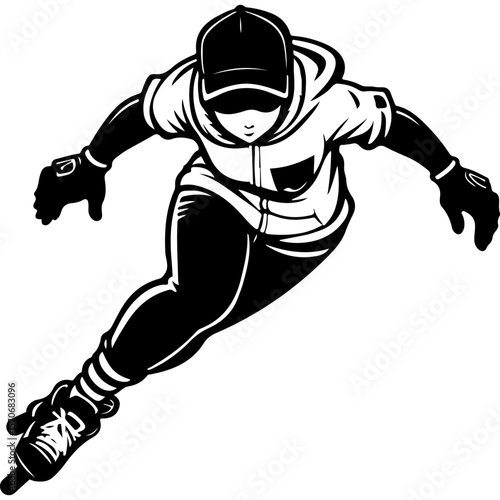 Sketchy sport emblem of experienced female athlete racing on roller skates front view. Engraving minimalistic vector in black ink drawing on transparent background