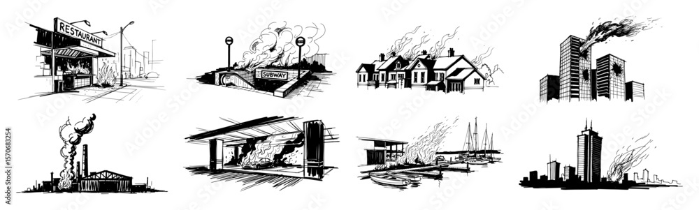 Obraz premium urban disaster and accident scenes collection sketch vector