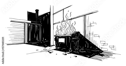 burning dumpster fire in an alley sketch vector