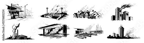 urban disaster and accident scenes collection sketch vector
