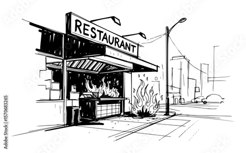 burning restaurant food stall fire sketch vector
