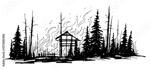 black and white vector sketch forest cabin engulfed in wildfire