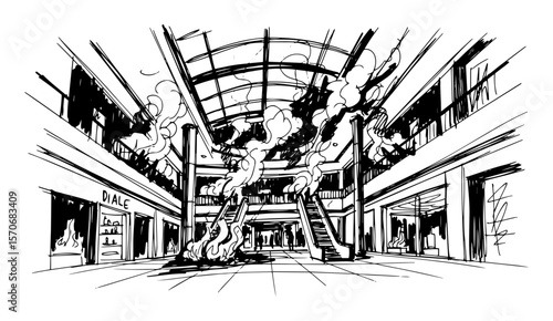 black and white vector sketch shopping mall interior explosion