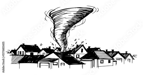 black and white vector sketch tornado destroying suburban houses